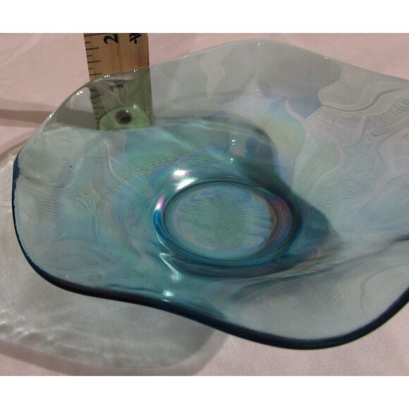 Blue iridescent glass dish saucer trinket dish ruffled edge 6" - Picture 5 of 5